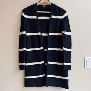 Talbots Open Front Modern Ottoman Stripe Cardigan Navy/Cream